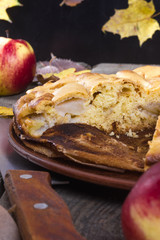 piece of apple pie on a wooden table in autumn style