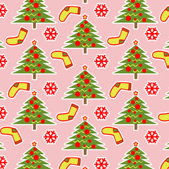 
Christmas pattern. Background. Christmas tree, Christmas socks and snowflake