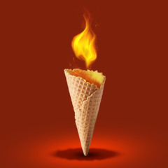 wafer cone with fire on color background