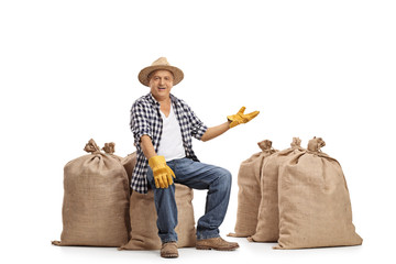 Mature farmer sitting on burlap sacks and gesturing with his han