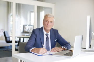 Senior professional businessman at work. Shot of a senior financial manager writing notes while...
