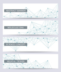 Set of modern scientific banners. Molecule structure DNA and neurons. Abstract background. Medicine, science, technology. Vector illustration for your design.