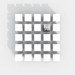 3d illustration rendering of multiple white cubes with a gray concrete textured one