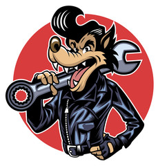 Naklejka premium wolf wearing leather jacket and holding a giant wrench