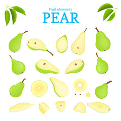 Vector set of green fruits. Pear fruit, whole peeled, piece of half slice, leaves, seed. Collection of delicious green pears designer elements for use in packaging design projects flyer healthy eating