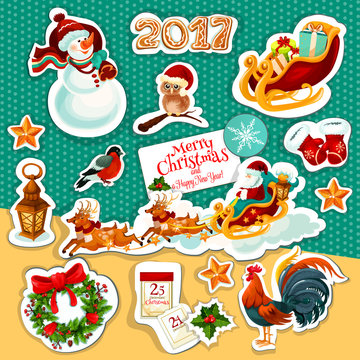Christmas and New Year winter holidays sticker set
