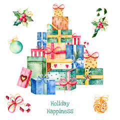 Merry Christmas and New Year collection.Handpainted watercolor a pile of versatile gift boxes and christmas decorations,they like to be stacked!Watercolor illustration.Perfect for Christmas invitation