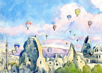 Balloons flying over the city. Cappadocia. Watercolor sketch - 126935408