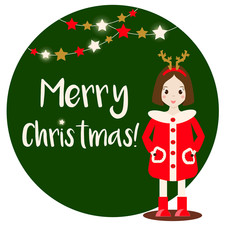 Cartoon smiling kid girl character wearing winter clothes. Merry Christmas banner