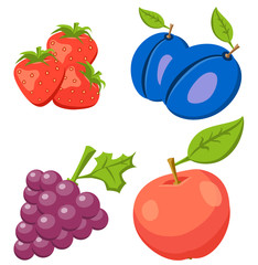 Set Of Strawberry, Pulm, Apple, Grape. Fruit isolated on background. Icons  fruits.