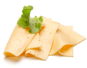 cheese slices  and salad leaves isolated on white background cut