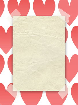 Single blank old paper frame on red hearts illustration background