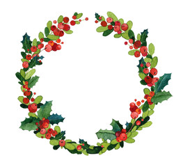 Watercolor Christmas greeting card template. Holly wreath 
