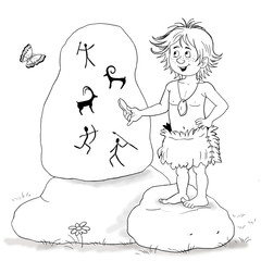Cave people. a cute boy is drawing different hunting scenes on a big stone with a piece of coal. Illustration for children. Coloring book. Coloring page. Cartoon character.