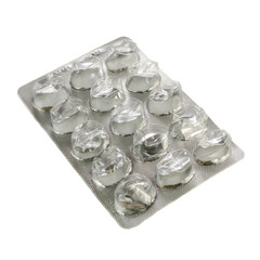 blank capsule of antibiotics in blister packaging close up, isolated on white background