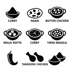 Indian food and dishes - curry, naan bread, butter chicken icons - obrazy, fototapety, plakaty