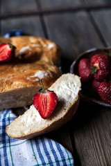 delicious breakfast with strawberries and bread on wooden background. Fruit, food