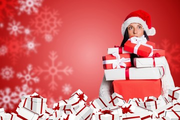 Woman hold Gift on Red and White Christmas Design