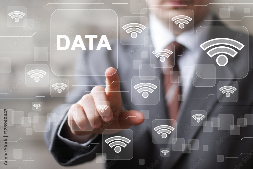 Poster businessman press button data wifi web network