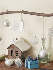 Decorated under a beautiful holiday decorated room with Christmas tree, interior design of colorful accessories