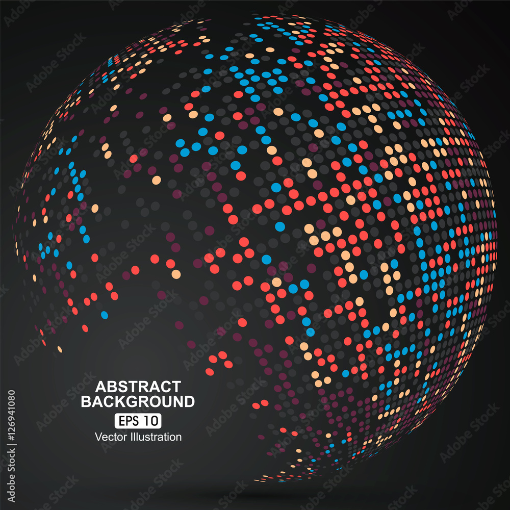 Poster dots colorful three-dimensional map of the world, abstract graphics.