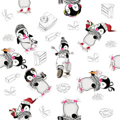 Background with cute penguins, cakes, sweets, candies, bows.