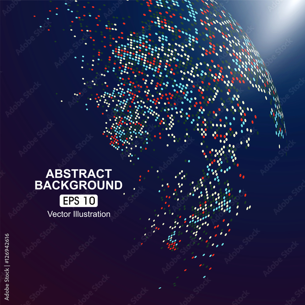 Poster dots colorful three-dimensional map of the world, abstract graphics.