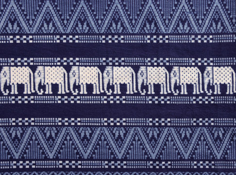 Texture of Elephants Pattern on Cloth Fabric in Dark Navy Blue and White