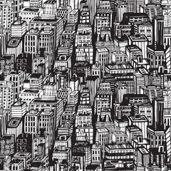 Hand drawn seamless pattern with big city New York. Vector vintage illustration with NYC architecture, skyscrapers, megapolis, buildings, downtown.