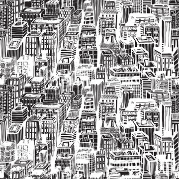 Hand drawn seamless pattern with big city New York. Vector vintage illustration with NYC architecture, skyscrapers, megapolis, buildings, downtown.