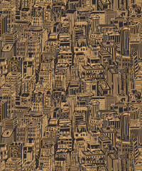 Obraz premium Hand drawn seamless pattern with big city New York. Vector vintage illustration with NYC architecture, skyscrapers, megapolis, buildings, downtown.