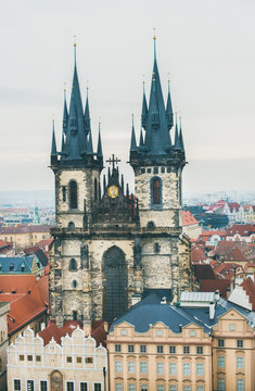 View over Church of Our Lady before Tyn in the Old Town Square in historic center of Prague from the Old Town Hall Tower