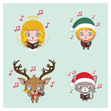 Four different Christmas characters singing carols