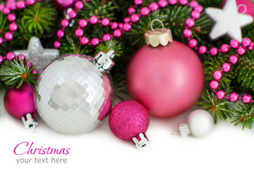 Pink and silver Christmas ornaments border