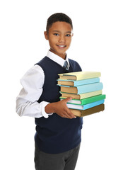 Cute teenager with books on white background