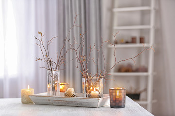 Christmas composition on white wooden table