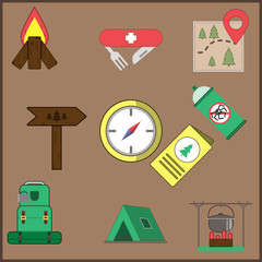 Hiking icons set. Camping equipment vector collection.tent,fire,knife,index,backpack,compass,spray,map