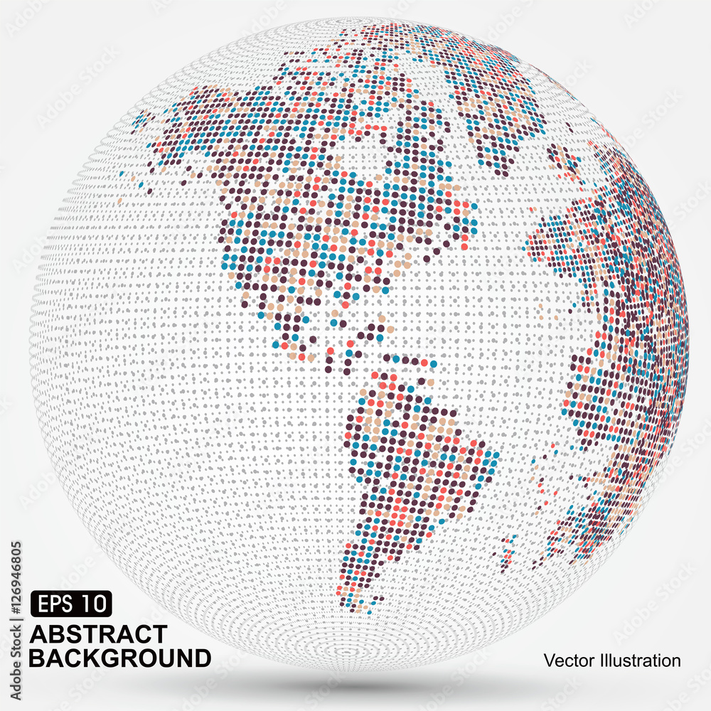 Poster dots colorful three-dimensional map of the world,abstract graphics.