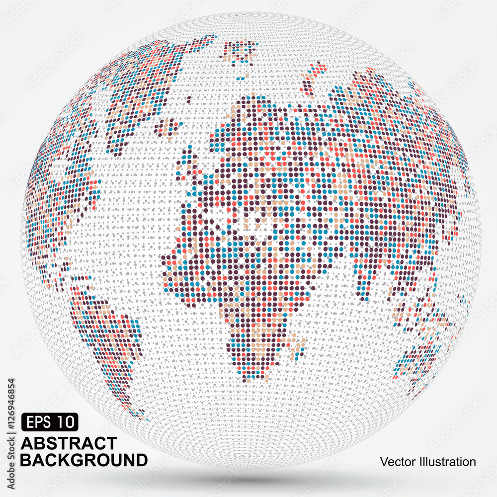 Poster dots colorful three-dimensional map of the world,abstract graphics.
