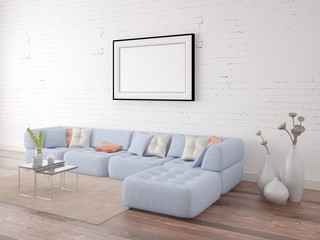 Mock up poster frame with a comfortable sofa on the brick wall background.