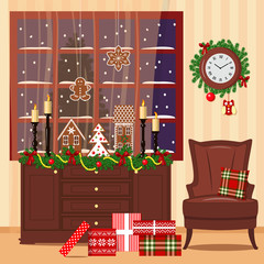 Christmas decorated room with armchair, window, toys, gifts