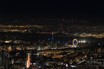 Vienna, aerial view at night with the Vienna Prater