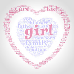 Girl. Word cloud, one heart inside another heart, gradient grey background. Family concept.