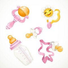 Set of pink items for the baby bottle, pacifier, rattle, toy iso