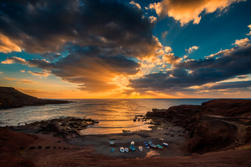 Sunset in El Golfo, Lanzarote, Canary Islands, Spain.