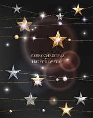 Christmas background with textured sparkling gold and silver stars, beads with gold strings