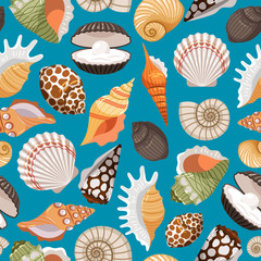 Sea travel and beach tourism background with sea shells seamless pattern. Vector illustration