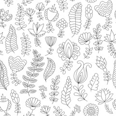 Seamless pattern with black and white doodle flowers