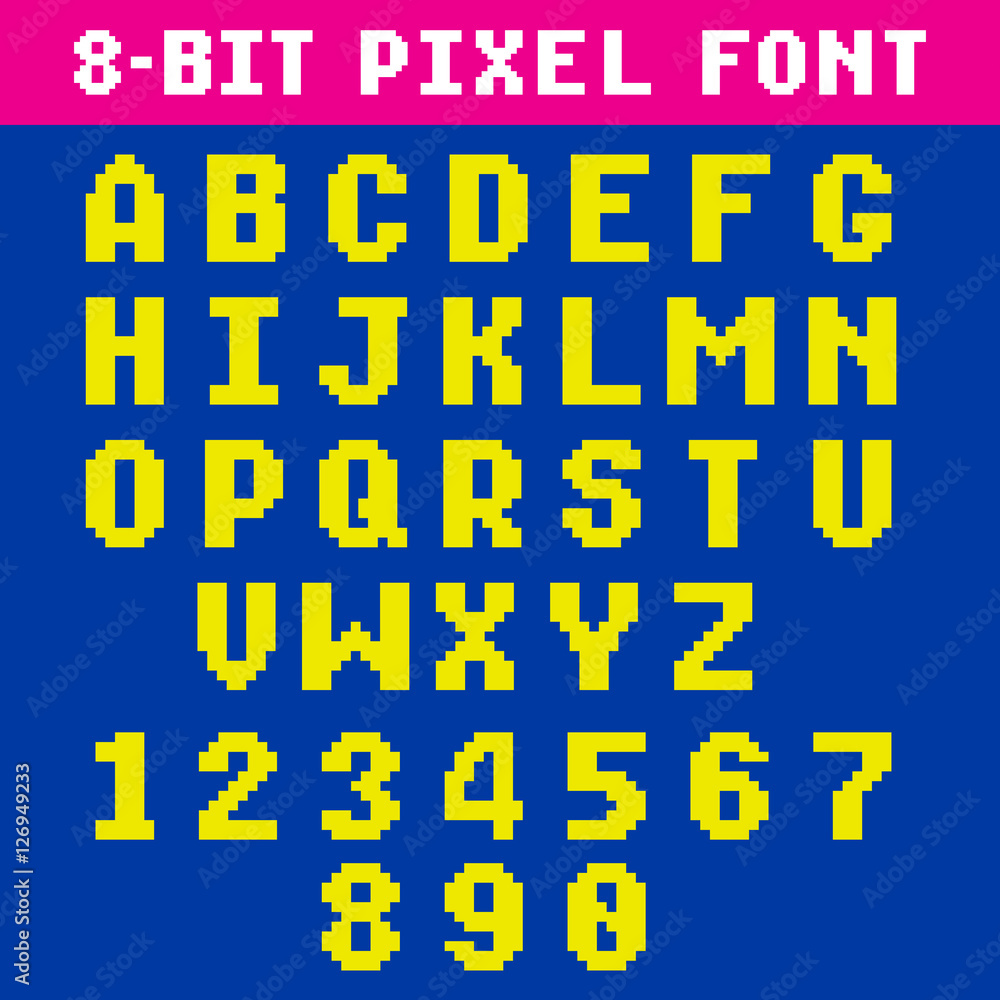 Poster retro video game pixel letters and numbers font, digital alphabet