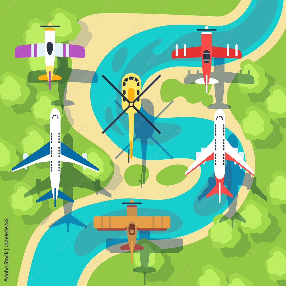 Sticker top view planes and helicopters above landscape vector illustration